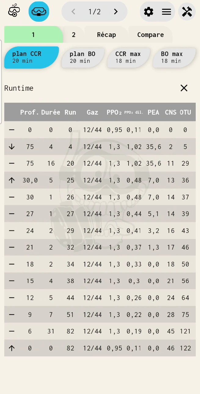 Runtime : gaz, ppO₂, PEA, CNS et OTU